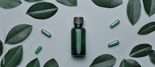 On a gray background, a green pill bottle is encircled by cascara sagrada leaves, offering ample space for text and branding photo