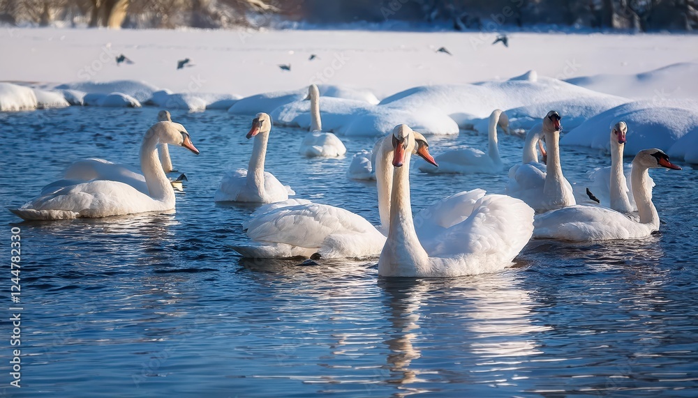 Majestic Swan Lake Frozen in Winters Embrace at Twilight, Featuring Stark White Swans Amidst SnowCovered Landscape, Reflecting Serene Tranquility and Peace. Majestic Swan Lake Frozen in Winters Embrace at Twilight, Featuring Stark White Swans Amidst SnowCovered Landscape, Reflecting Serene Tranquility and Peace.
