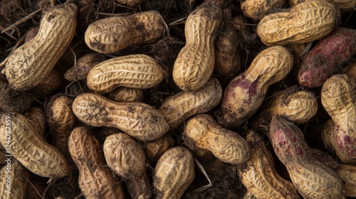Harvest Bounty: Close-up shot of a pile of freshly harvested peanuts in their shells, showcasing the texture and natural color, hinting at their nutty, earthy essence