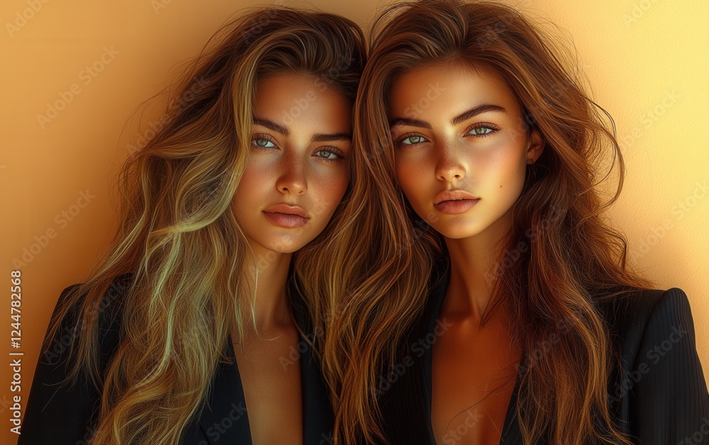 Fototapeta premium Two women with long brown hair and brown eyes are posing for a photo