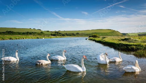 Wallpaper Mural Stunning Swans Gliding Peacefully on River Cuckmere at Nightfall, Capturing a Serene Winter Scene with Misty Meadows and SnowCapped Trees in the Distance. Torontodigital.ca