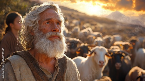 Noah constructs altar express gratitude God for promise of new beginning after flood. His family prays nearby while animals wander in warm sunlight.