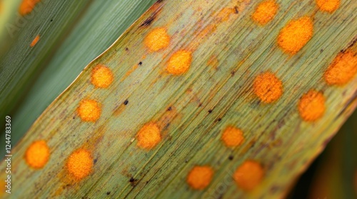 Rust-Infested Leaf: The close-up of a leaf afflicted by rust, revealing the intricate patterns of orange pustules against the fading green, a striking display of nature's struggle.