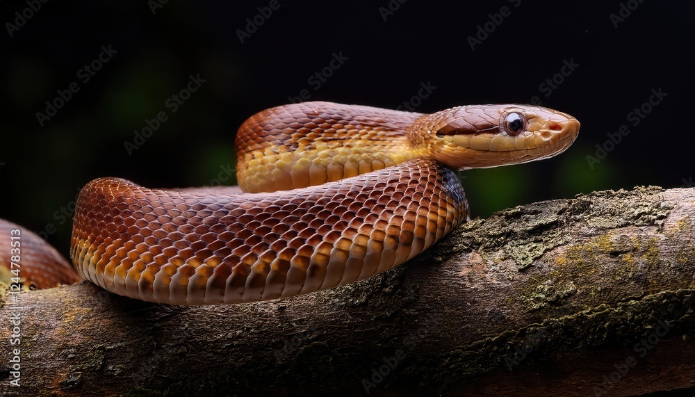Vivid Encounter Tanahjampea Cat Snake Boiga tanahjampeana in Tropical Rainforest Undergrowth, Showcasing Striking Colors and Textures Amidst Lush Greenery and Dappled Sunlight Vivid Encounter Tanahjampea Cat Snake Boiga tanahjampeana in Tropical Rainforest Undergrowth, Showcasing Striking Colors and Textures Amidst Lush Greenery and Dappled Sunlight
