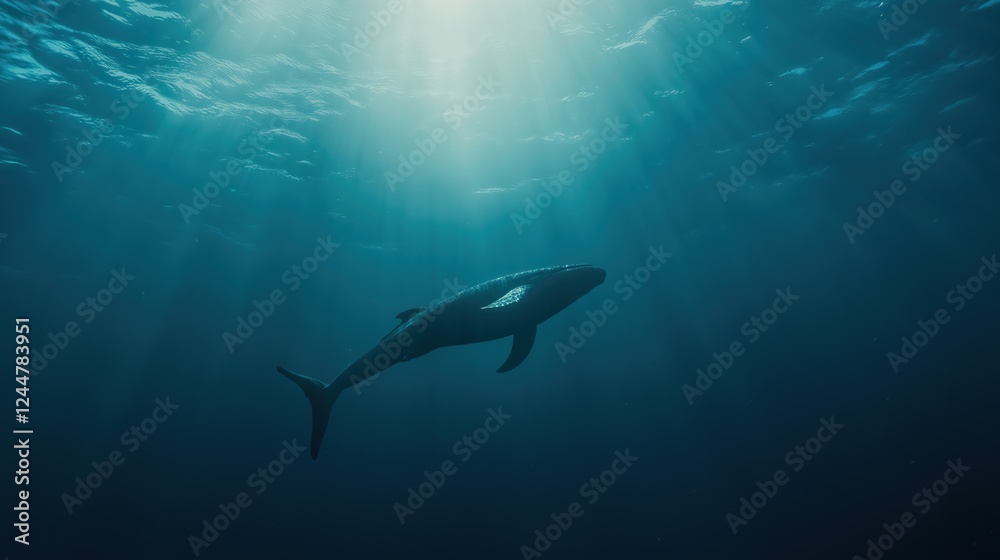 Fototapeta premium Animal Silhouette in Deep Teal Ocean Sunlight Beams