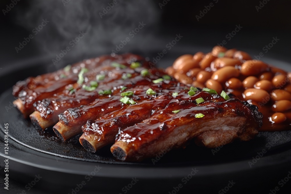 BBQ Ribs, Baked Beans, Dinner, Plate, Smoke BBQ Ribs, Baked Beans, Dinner, Plate, Smoke