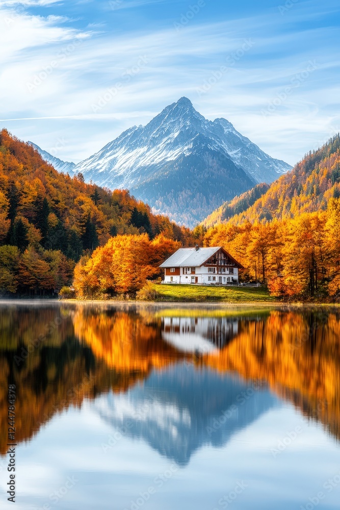 Fototapeta premium Scenic Lake with Autumn Trees and Mountain Reflection
