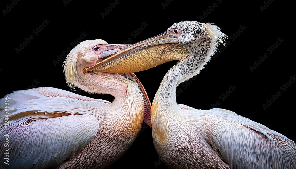 Striking Isolated Image of Tender Great White Pelicans Pelecanus onocrotalus in Dramatic Black Background, Capturing Intimate Moment with Bold Feathers and Expressive Beaks. Striking Isolated Image of Tender Great White Pelicans Pelecanus onocrotalus in Dramatic Black Background, Capturing Intimate Moment with Bold Feathers and Expressive Beaks.