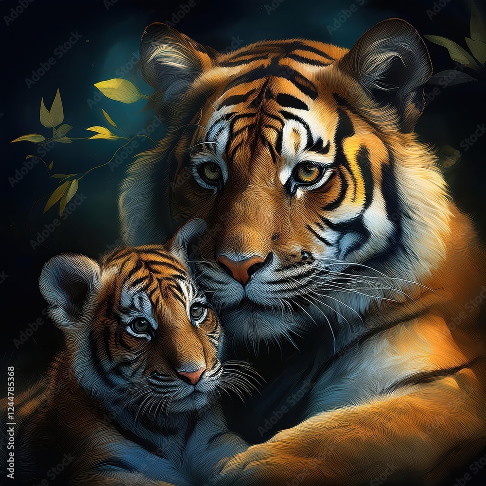 Fototapeta premium Intimate Bond A tender Moment Shared by a Tigress and Her Cub in the Wild, Illuminated by the Golden Sunlight under Lush, Verdant Forest Canopy.