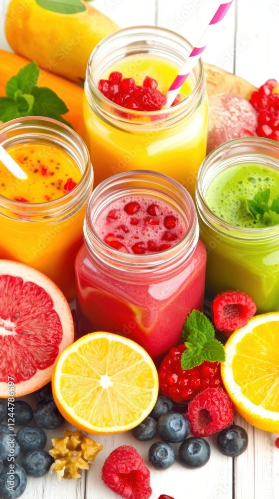 Colorful smoothies in mason jars with fresh fruits on a bright wooden table for summer enjoyment Colorful smoothies in mason jars with fresh fruits on a bright wooden table for summer enjoyment