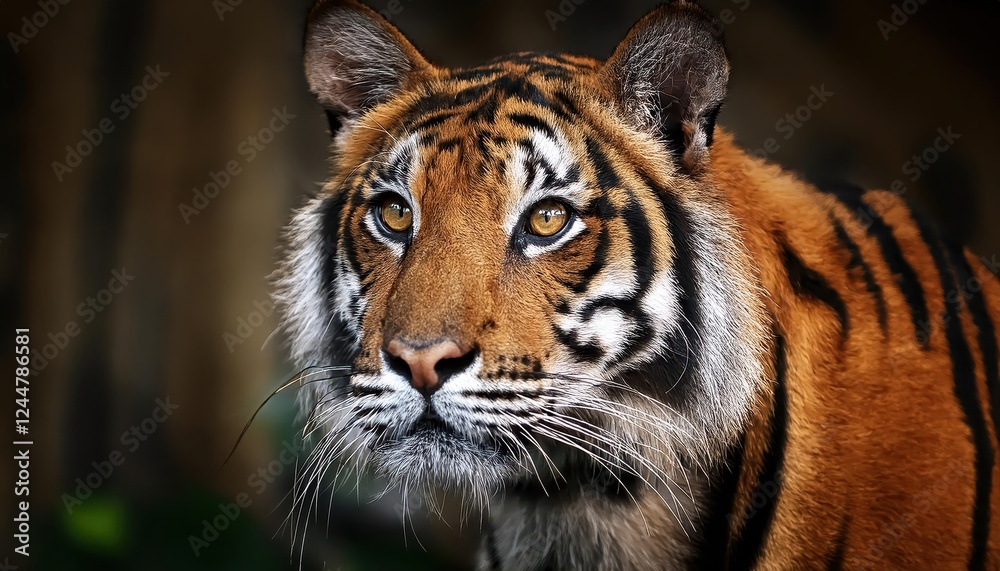 Intense Eye Contact A Striking CloseUp of a Majestic Sumatran Tiger, Showcasing Vibrant Amber Eyes and Majestic Stripes in the Jungle Wilderness Intense Eye Contact A Striking CloseUp of a Majestic Sumatran Tiger, Showcasing Vibrant Amber Eyes and Majestic Stripes in the Jungle Wilderness