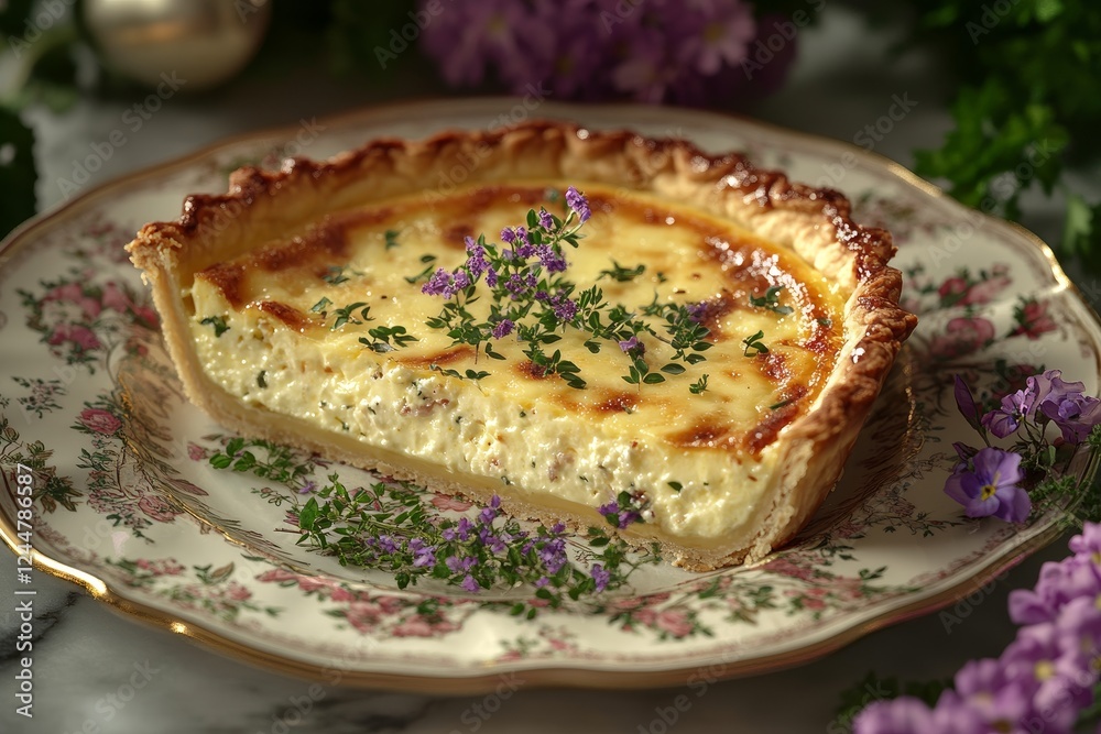 Creamy quiche slice, thyme garnish, floral background, spring table setting, food photography Creamy quiche slice, thyme garnish, floral background, spring table setting, food photography