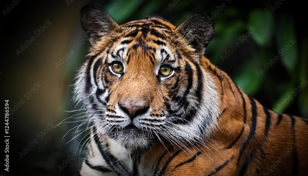 Striking Close Up of a Sumatran Tiger Majestic Big Cat Gaze Against Dense Rainforest Backdrop, Showcasing the Power and Beauty of this Endangered Species. Striking Close Up of a Sumatran Tiger Majestic Big Cat Gaze Against Dense Rainforest Backdrop, Showcasing the Power and Beauty of this Endangered Species.
