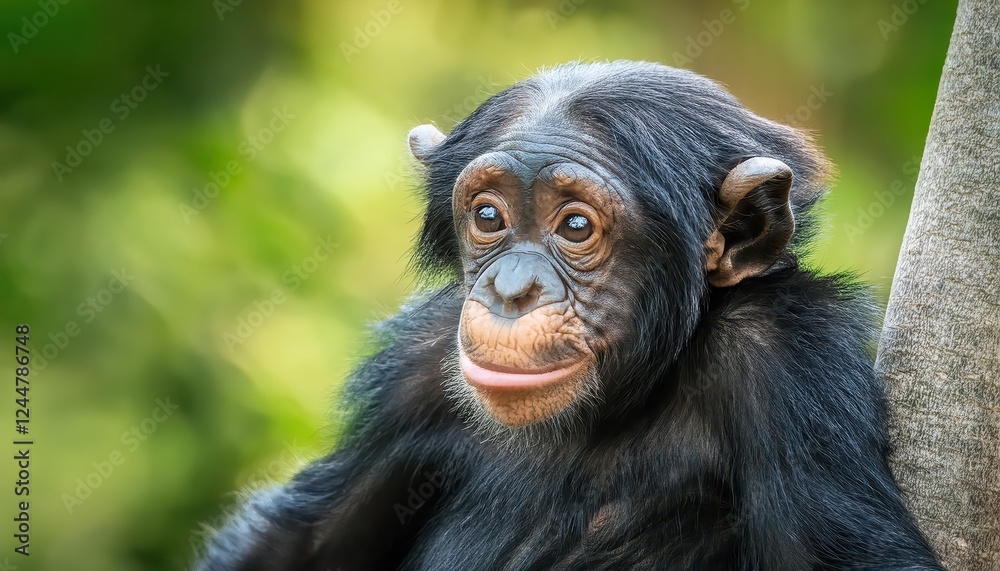 Stunning Closeup Portrait of a Juvenile Bonobo Pan paniscus Perched High in its Natural Habitat, Expressing a Playful Curiosity at Sunset Stunning Closeup Portrait of a Juvenile Bonobo Pan paniscus Perched High in its Natural Habitat, Expressing a Playful Curiosity at Sunset