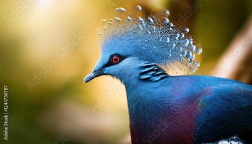 Magnificent Portrait of a Western Crowned Pigeon in Vibrant Detail, Showcasing Intricate Feather Patterns and Bright Eye Contact in Tropical Rainforest Setting. photo