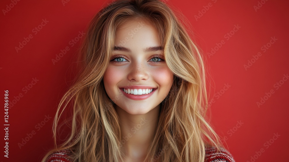 Fototapeta premium A woman with long blonde hair is smiling at the camera