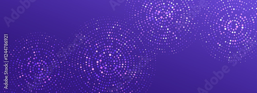 Purple digital technology pattern. Glowing dotted circle background. Abstract dot round grid backdrop for business, science, healthcare, medicine, finance. Vector violet textured wallpaper
