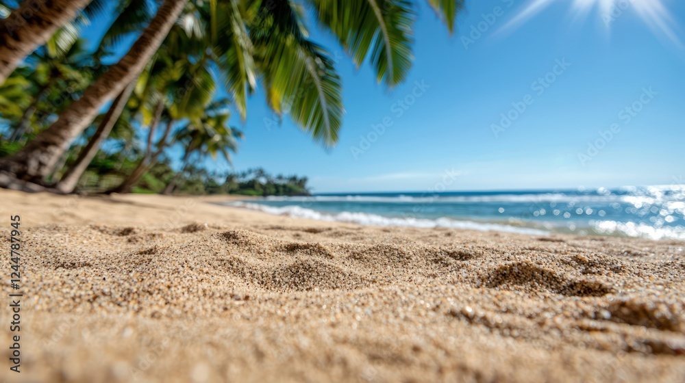 A serene beach scene with golden sand and palm trees under a bright blue sky. A serene beach scene with golden sand and palm trees under a bright blue sky.