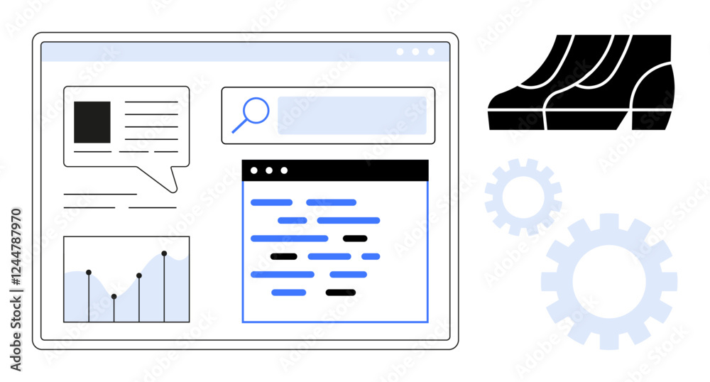 Browser window with chat bubble, search bar, coding snippets, and analytics graph. Ideal for teamwork, project management, digital collaboration, online communication, coding data analysis Browser window with chat bubble, search bar, coding snippets, and analytics graph. Ideal for teamwork, project management, digital collaboration, online communication, coding data analysis