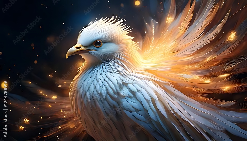 Obraz premium A majestic white bird surrounded by feathers and lights, creating an ethereal and stunning scene.