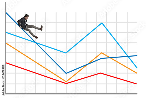 Business, stock market or man fall on graph for interest rate change, volatility decline or investment fluctuation. Scared, financial crisis or trader screaming on infographic chart for economy crash