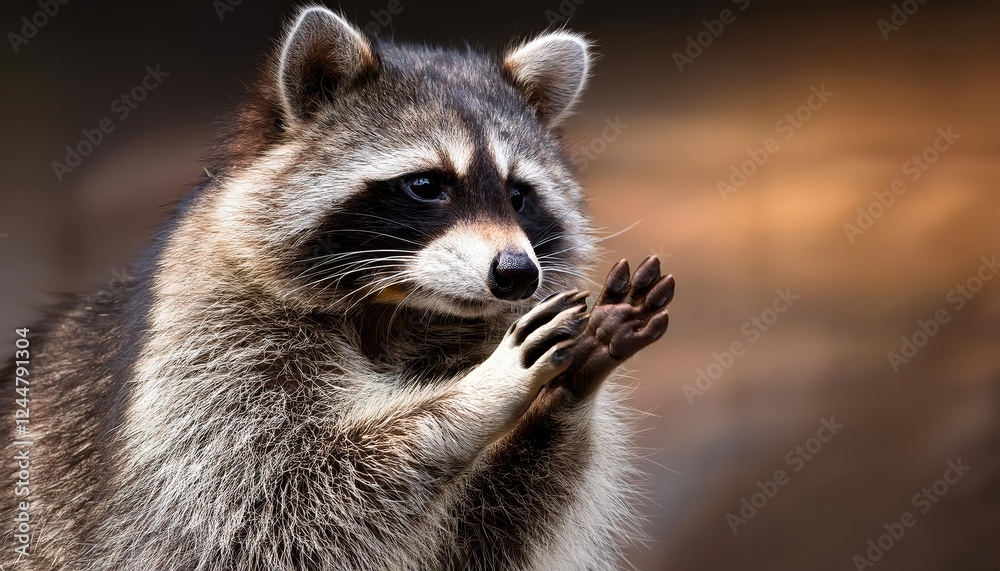 Closeup Portrait of a Cute yet Dangerous Raccoon at Twilight, Showcasing its Agile Hands and Sharp Features in an Enigmatic Mood, with Hints of Forest Greenery and Shadowy Textures. Closeup Portrait of a Cute yet Dangerous Raccoon at Twilight, Showcasing its Agile Hands and Sharp Features in an Enigmatic Mood, with Hints of Forest Greenery and Shadowy Textures.