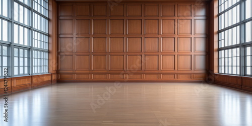 Classic premium luxury wood paneling wall background or texture. Highly crafted wood paneling wall, with a frame and column pattern, Extra wide format.  photo