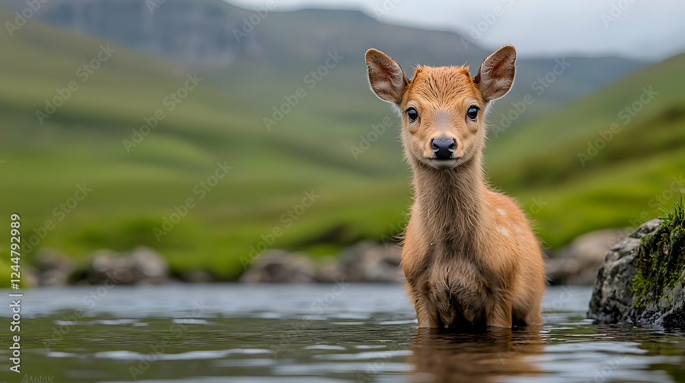 Obraz premium Young deer in mountain stream, tranquil background, wildlife photography