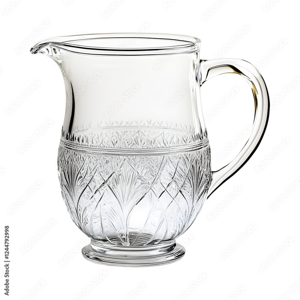 Modern Glass Measuring Jug with Etched Intricate Pattern Isolated on Transparent Background Modern Glass Measuring Jug with Etched Intricate Pattern Isolated on Transparent Background
