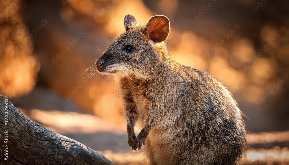 Naklejka premium Cute and Elusive LongNosed Potoroo Peeking Through Tall Grass Amidst Australian Outback A Unique RatLike Marsupial in BrownishGrey Fur with Large Eyes and Pointed Nose, Seeking Prey Amidst Dusty