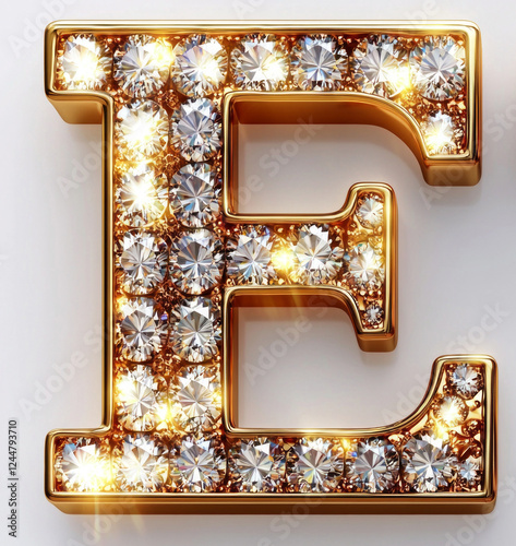 Decorative letter E showcases volumetric texture adorned luxurious diamonds and gold accents. statement piece shines brightly against clean white backdrop ideal for upscale branding.