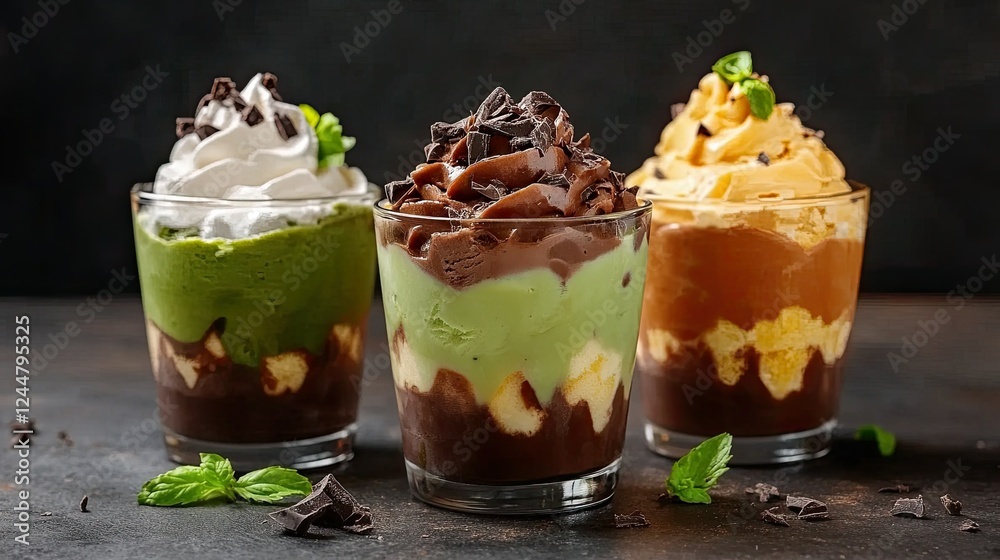 Delicious Layered Desserts in Glass with Chocolate and Cream Delicious Layered Desserts in Glass with Chocolate and Cream