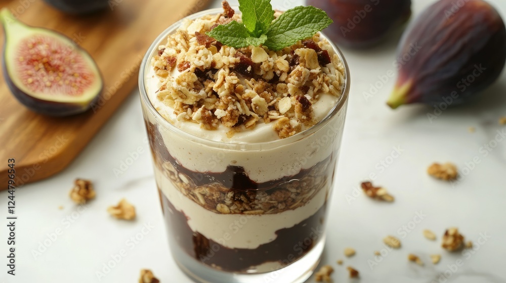 Delicious Fig Parfait with Granola, Cream, and Fresh Mint Garnish Delicious Fig Parfait with Granola, Cream, and Fresh Mint Garnish