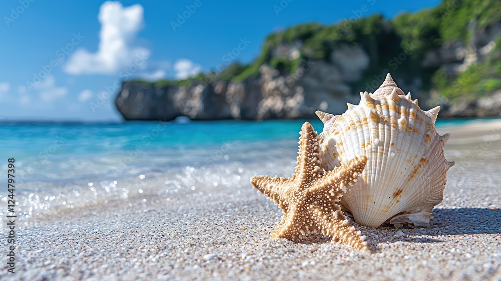 A serene beach scene featuring a starfish and a seashell on sandy shores. A serene beach scene featuring a starfish and a seashell on sandy shores.