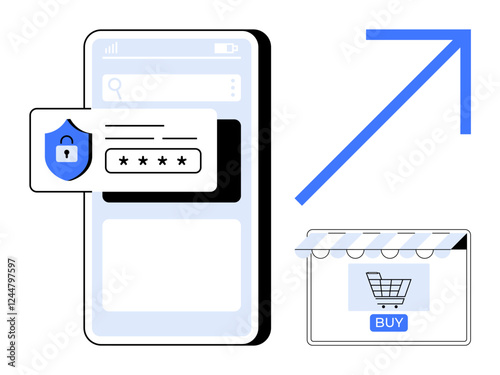 Mobile phone with security password, online shopping cart icon, upward arrow indicating growth. Ideal for cybersecurity, e-commerce, digital transformation, mobile technology, secure transactions