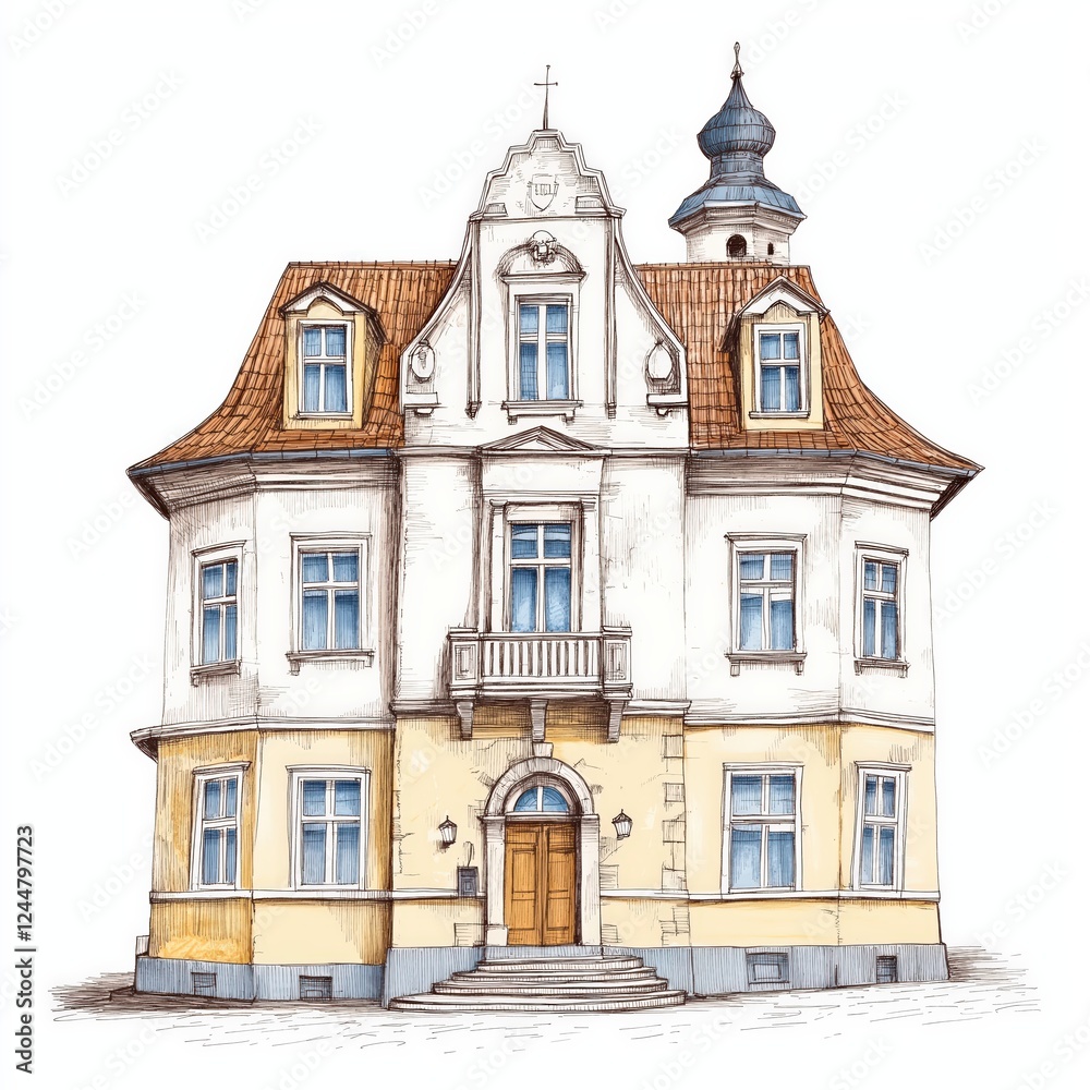 Fototapeta premium Vintage European Style House Watercolor Illustration