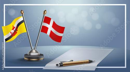 Brunei and Denmark National flags on small table with bokeh background, cooperative relationship
