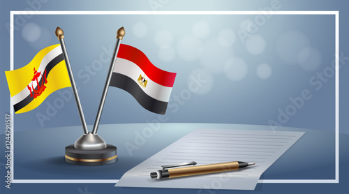 Brunei and EGYPT National flags on small table with bokeh background, cooperative relationship
