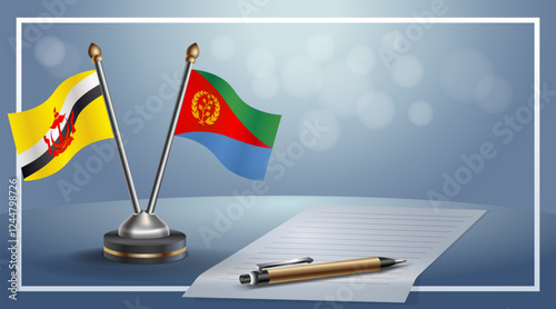 Brunei and Eritrea National flags on small table with bokeh background, cooperative relationship