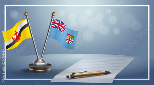 Brunei and Fiji National flags on small table with bokeh background, cooperative relationship