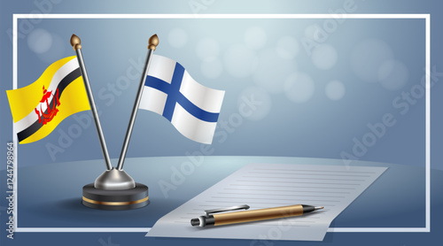 Brunei and Finland National flags on small table with bokeh background, cooperative relationship