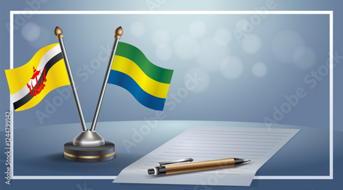 Brunei and Gabon National flags on small table with bokeh background, cooperative relationship