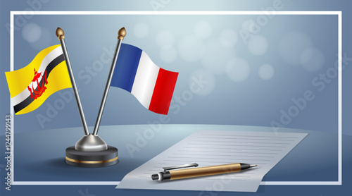 Brunei and France National flags on small table with bokeh background, cooperative relationship