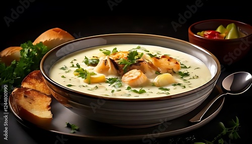 American clam chowder, a creamy seafood soup, is a classic New England coastal dish. photo