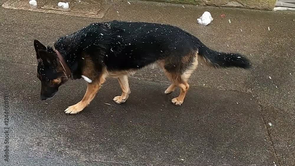 hund geht spazieren im winter. schneeflocken fallen. Deutscher Schäferhund geht gassi