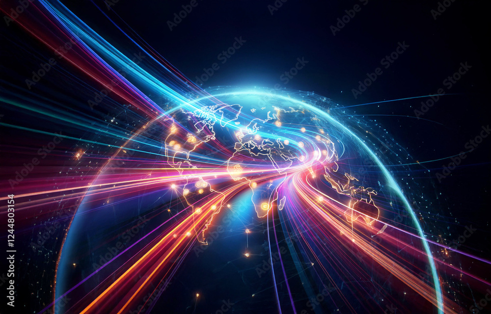 Glowing light streaks circle a stylized Earth globe on a dark backdrop, representing worldwide connections and digital data flow. Glowing light streaks circle a stylized Earth globe on a dark backdrop, representing worldwide connections and digital data flow.