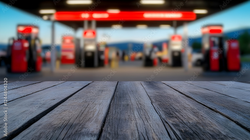 Empty Wooden Table Top with Blurred Gas Station Background at Dusk Empty Wooden Table Top with Blurred Gas Station Background at Dusk