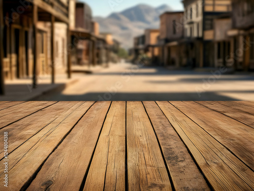 Empty Wooden Table Top with Blurred Western Town Background for Product Placement or Design