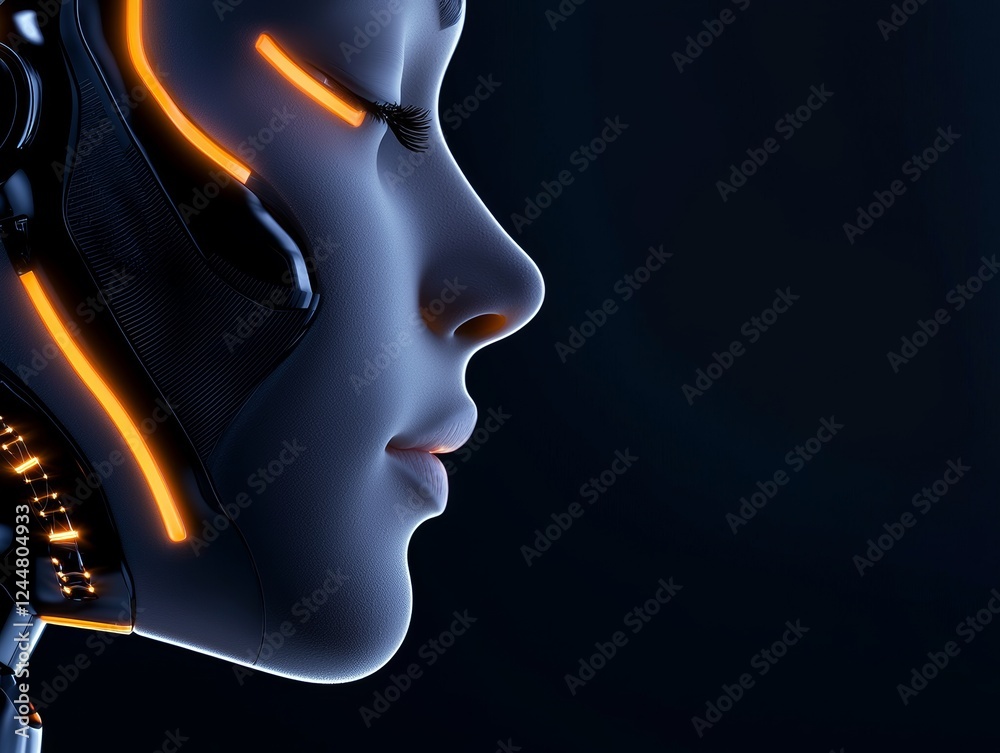 A futuristic robotic face profile with glowing orange accents against a dark background, showcasing advanced technology and design. A futuristic robotic face profile with glowing orange accents against a dark background, showcasing advanced technology and design.