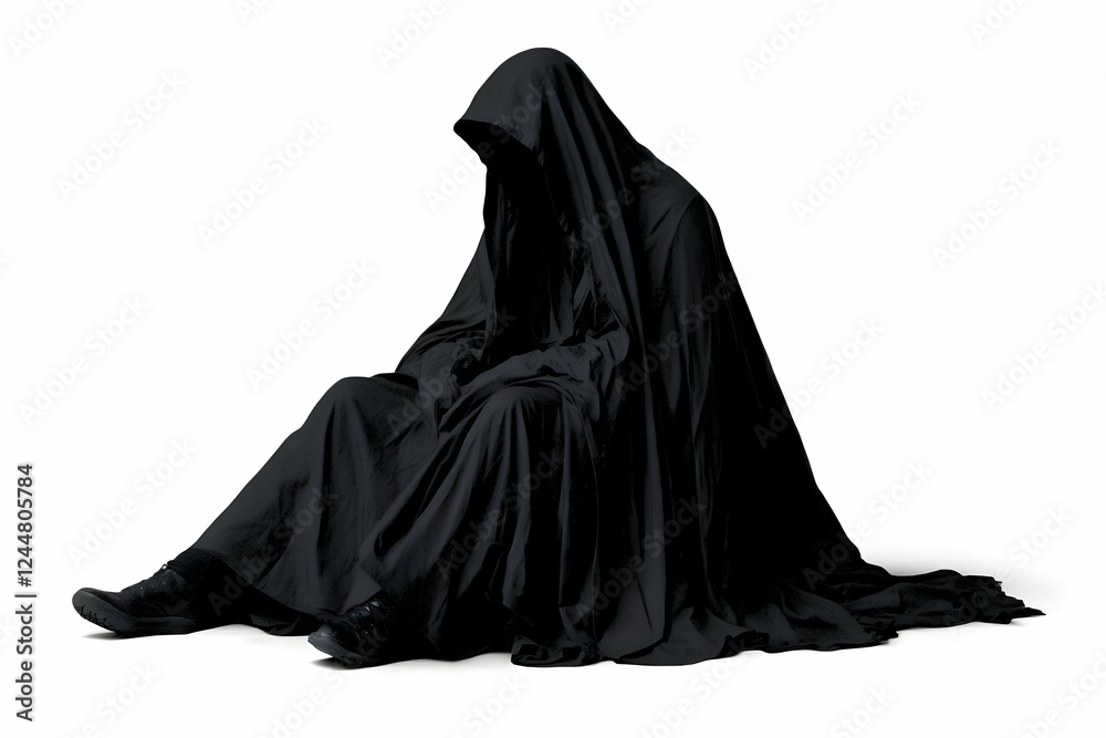 Hooded Figure Sits in Flowing Black Robe on White Background Hooded Figure Sits in Flowing Black Robe on White Background